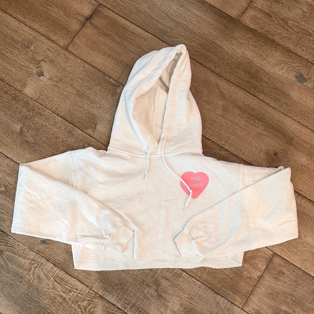 White Cropped Hoodie with Pink Heart 'HIS BABE' Graphic